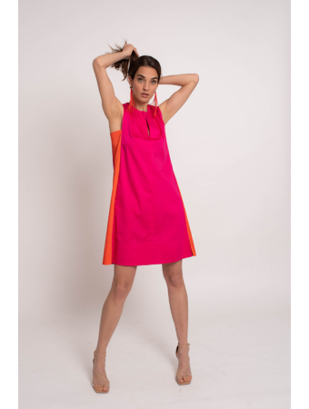 Pink-narancs ujjatlan szaténvászon ruha