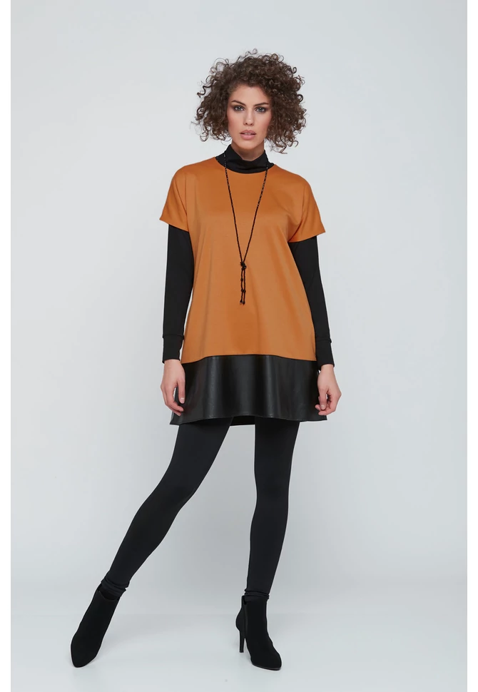 Rövid ujjú kisruha műbőr aljjal